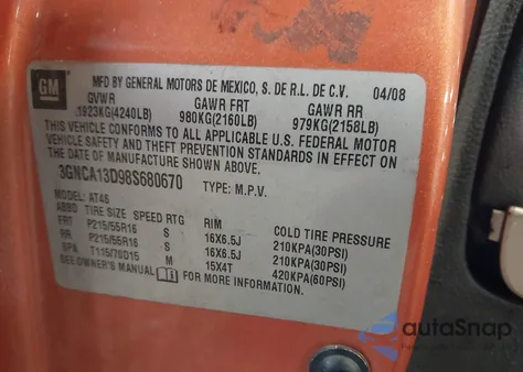 2008 Chevrolet Hhr Ls from USA, damaged, VIN 3GNCA13D98S680670